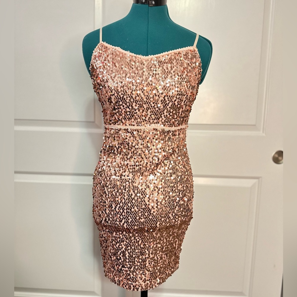 Pink sequins mini dress with adjustable straps size XS